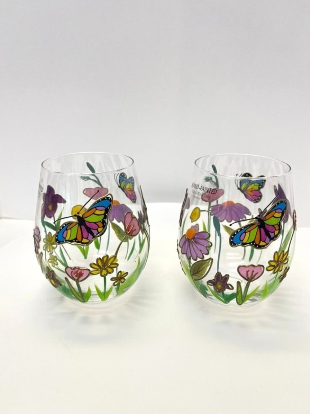 Set 2 Hand Painted Floral Butterfly Stemless Wine Glasses - Picture 2 of 7